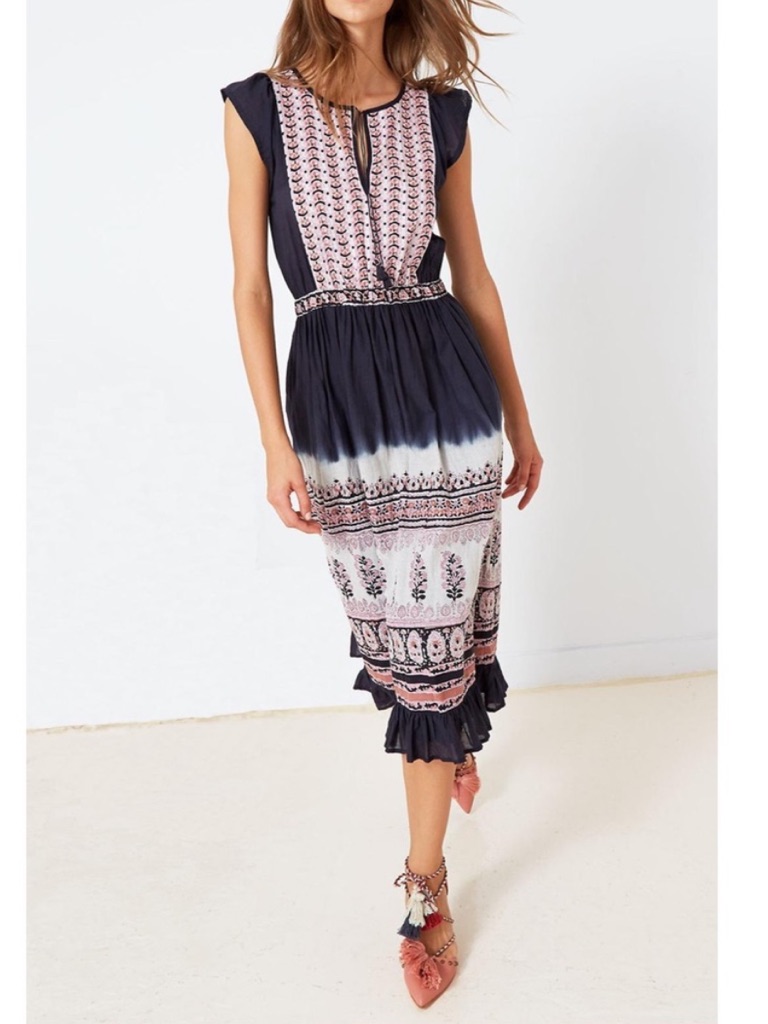 Ulla Johnson Loretta Dress Indigo Batik Midi Boho Dip Dye Size 4 Bohemian Indian